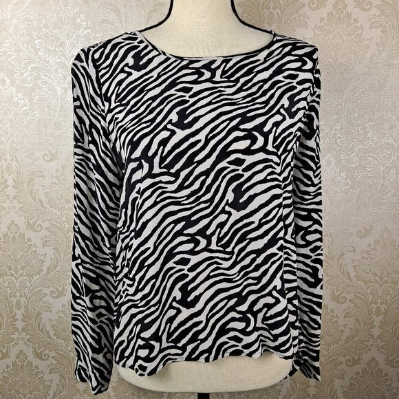 Dora Landa Sz Small Black/White Zebra Print Hi-Low Tunic 100% Silk Long Sleeves - Picture 1 of 14